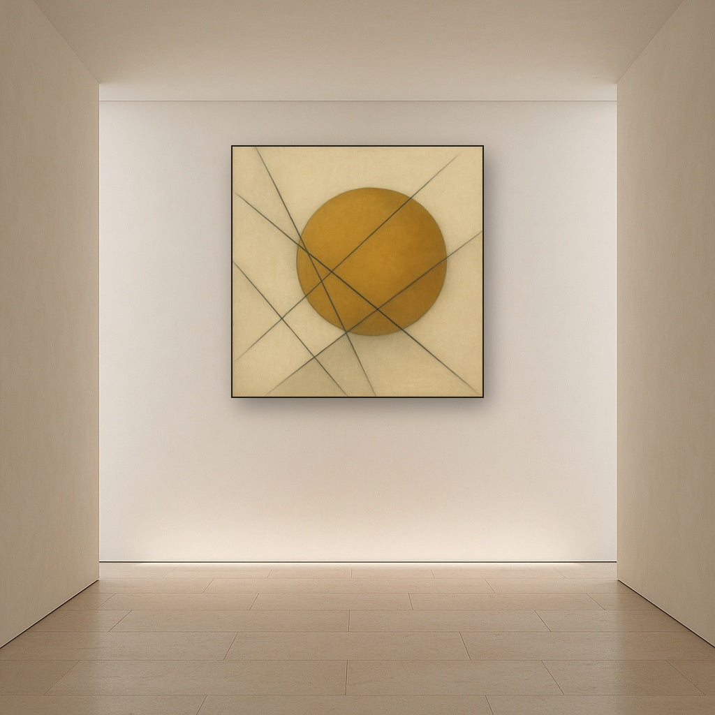 Abstract Tangent Lines & Earthy Ochre Disc No. 21 Oil Painting - View 5