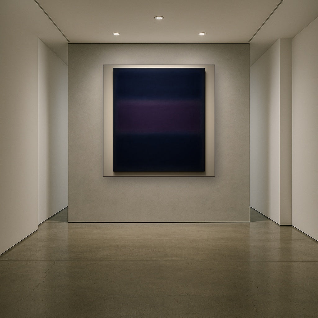 Deep Indigo & Midnight Plum Ambient Field No. 7 Oil Painting Staged in Bright Entryway and Hallway Gallery Wall, Hand Painted Fine Art on Linen