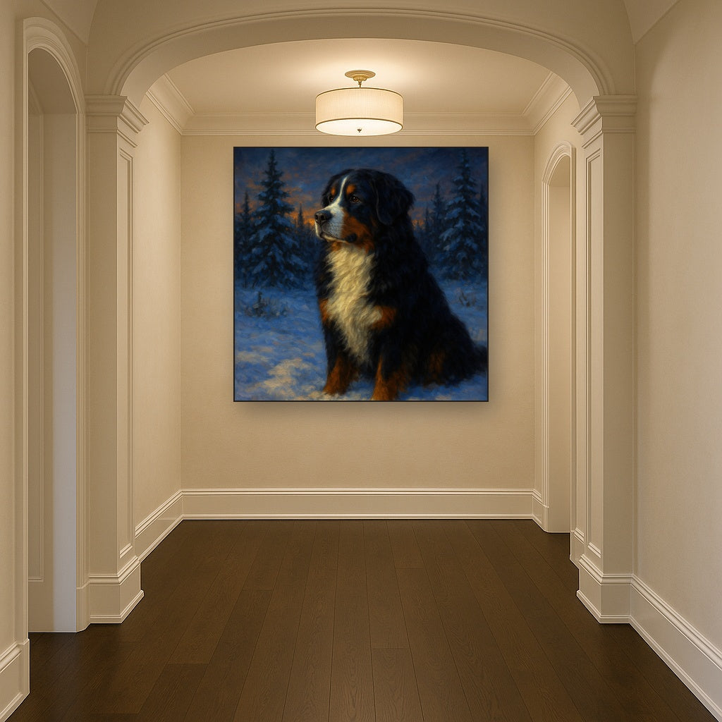 Bernese Mountain Dog in Winter Snowscape No. 12 Fine Art Oil Painting - View 5