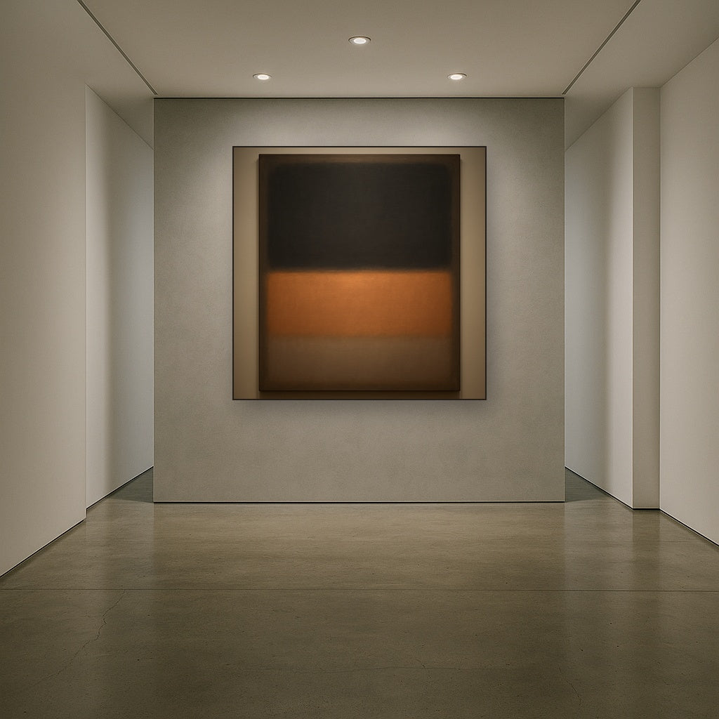 Charcoal Slate & Burnished Copper Horizon No. 21 Oil Painting Staged in Bright Entryway and Hallway Gallery Wall, Hand Painted Fine Art on Linen
