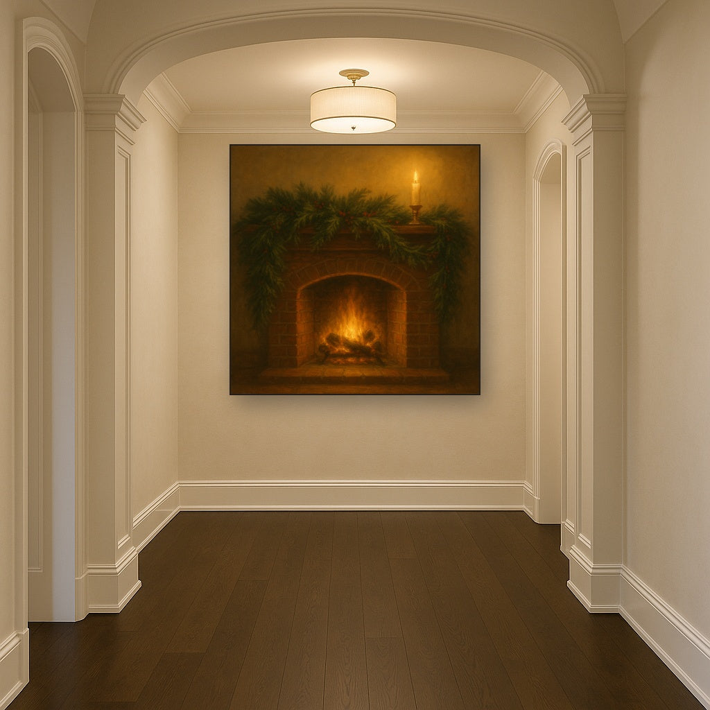 Vintage Fireside Hearth & Cedar Garlands No. 5 Oil Painting Staged in Bright Entryway and Hallway Gallery Wall, Hand Painted Fine Art on Linen