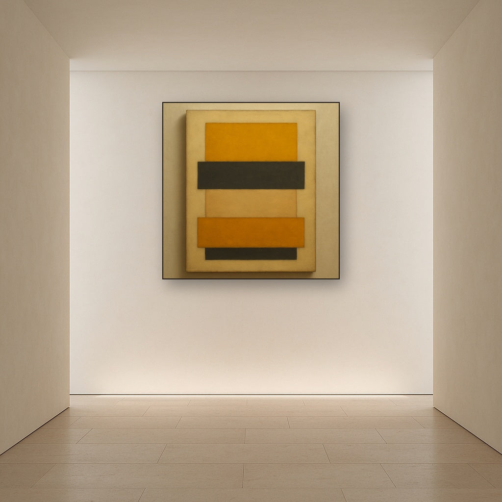 Stacked Horizon Blocks in Mustard & Charcoal No. 19 Oil Painting Staged in Bright Entryway and Hallway Gallery Wall, Hand Painted Fine Art on Linen