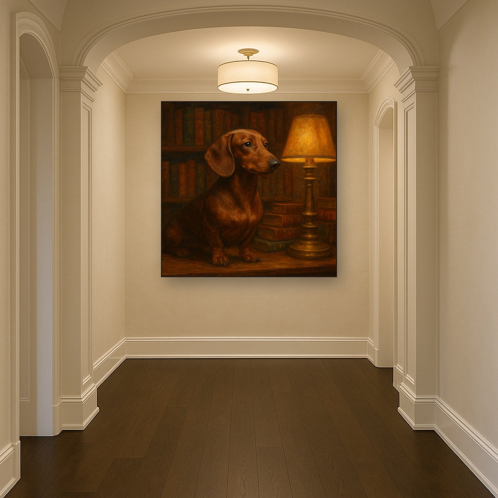 Smooth Dachshund in Moody Library Study No. 7 Fine Art Oil Painting - View 5