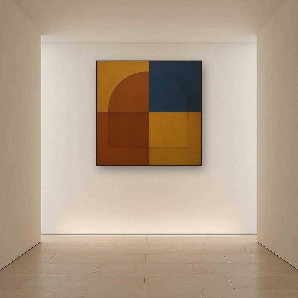 Bauhaus Quadrant Harmony in Primary Earth Tones No. 23 Oil Painting Staged in Bright Entryway and Hallway Gallery Wall, Hand Painted Fine Art on Linen