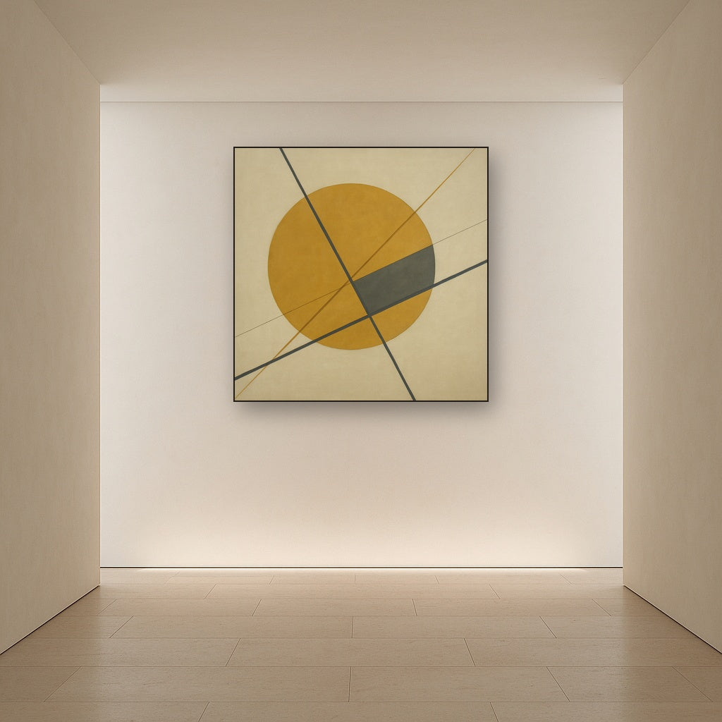 Abstract Tangent Lines & Earthy Ochre Disc No. 6 Oil Painting - View 5