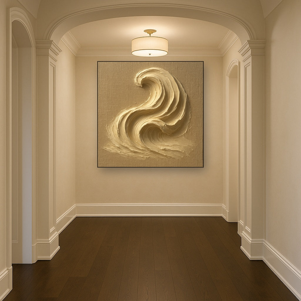 Champagne Plaster Wave Impasto Oil Painting - Styled in Entryway Hallway