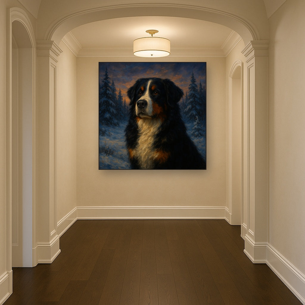Bernese Mountain Dog in Winter Snowscape Fine Art Oil Painting - View 5