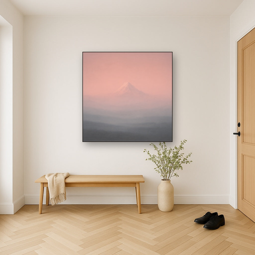 Pale Alpenglow over Distant Glacial Peak No. 12 Oil Painting Staged in Bright Entryway and Hallway Gallery Wall, Hand Painted Fine Art on Linen