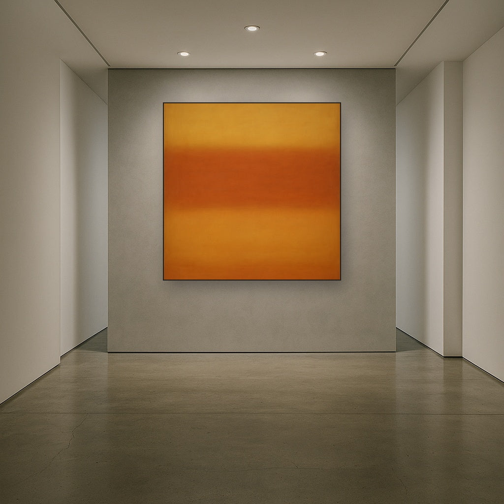 Luminous Ochre & Terracotta Horizon Color Field No. 4 Oil Painting Staged in Bright Entryway and Hallway Gallery Wall, Hand Painted Fine Art on Linen
