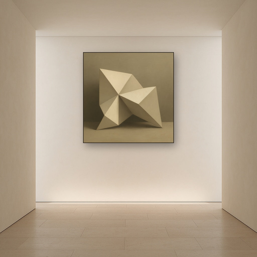 Folded Paper Geometry in Neutral Gradient Shadows No. 9 Oil Painting Staged in Bright Entryway and Hallway Gallery Wall, Hand Painted Fine Art on Linen