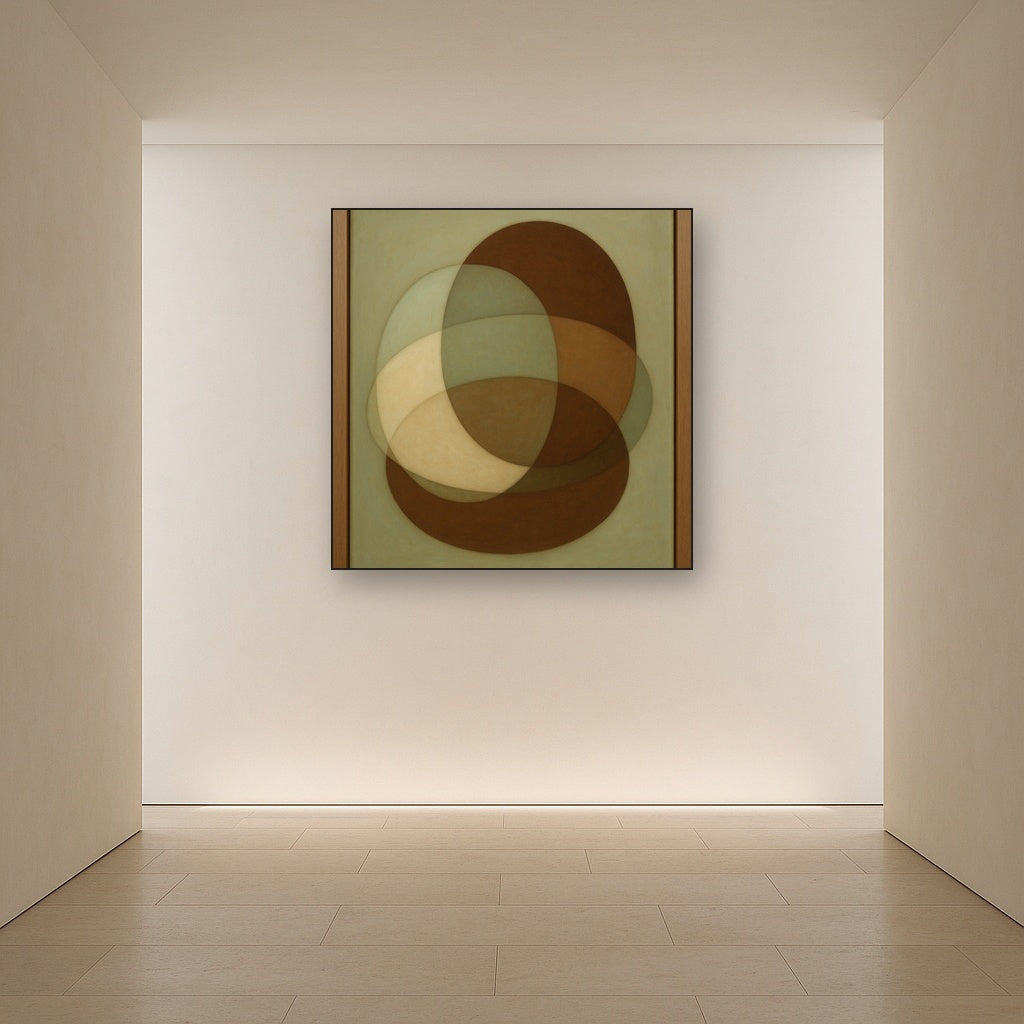 Floating Ellipse Harmony in Walnut & Pale Sage No. 19 Oil Painting Staged in Bright Entryway and Hallway Gallery Wall, Hand Painted Fine Art on Linen