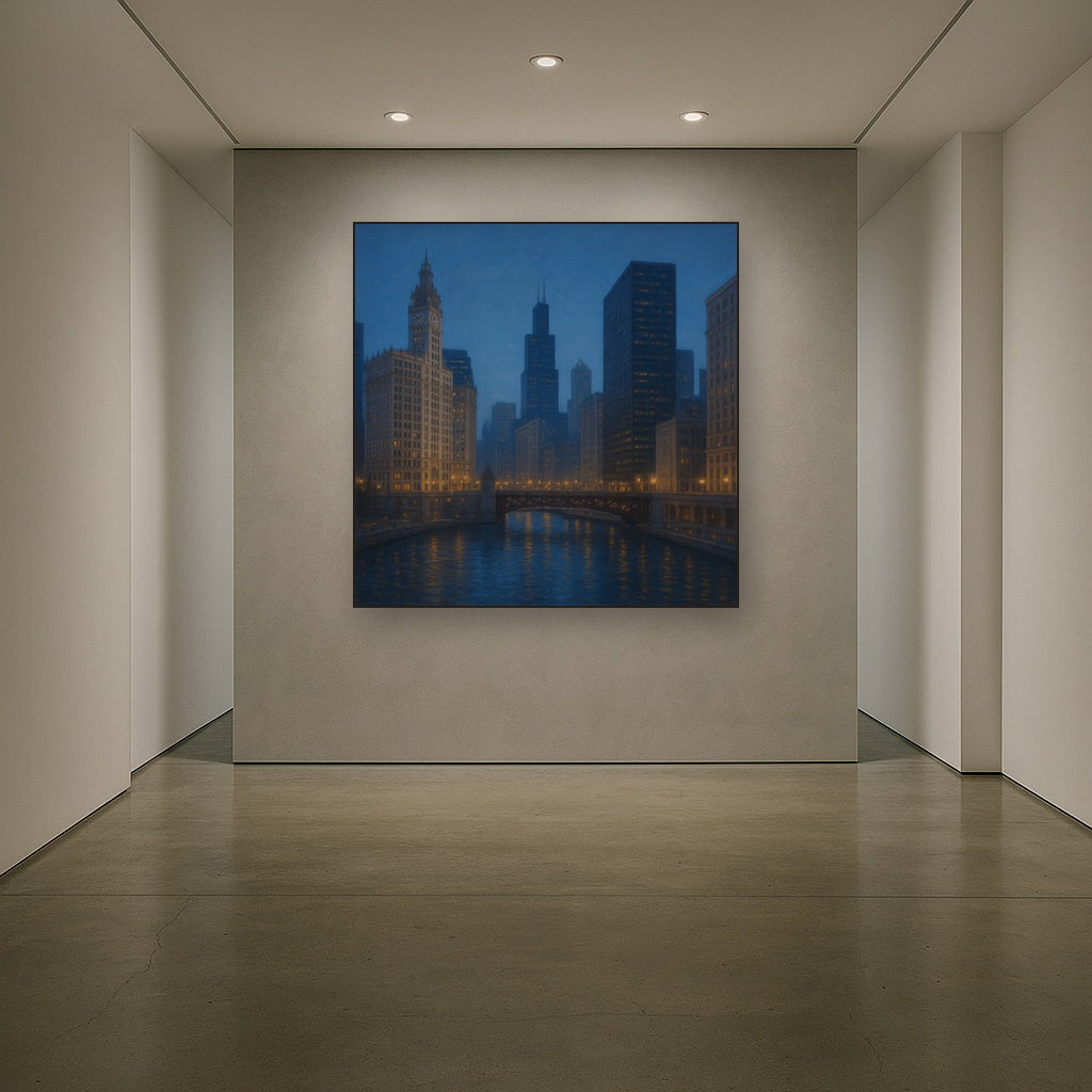 Chicago Riverfront Architecture at Blue Hour No. 22 Oil Painting - View 5