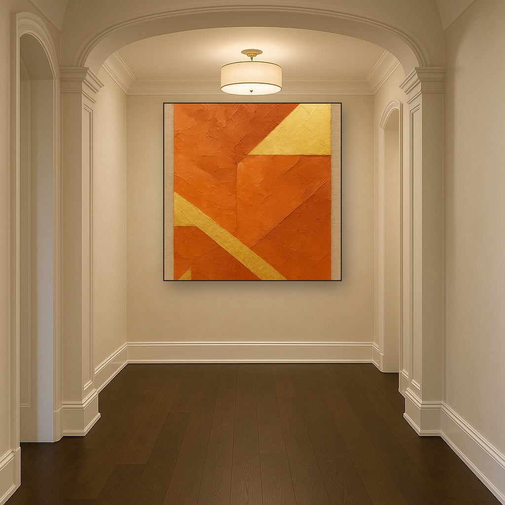 Terracotta & Gilded Leaf Modern Luxury Oil Painting - Styled in Entryway Hallway