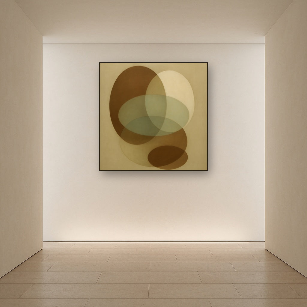 Floating Ellipse Harmony in Walnut & Pale Sage No. 22 Oil Painting Staged in Bright Entryway and Hallway Gallery Wall, Hand Painted Fine Art on Linen