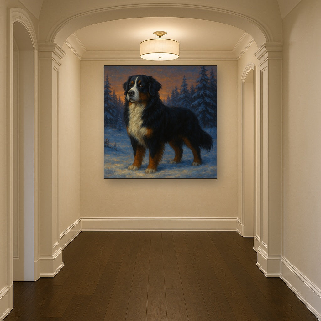 Bernese Mountain Dog in Winter Snowscape No. 7 Fine Art Oil Painting - View 5