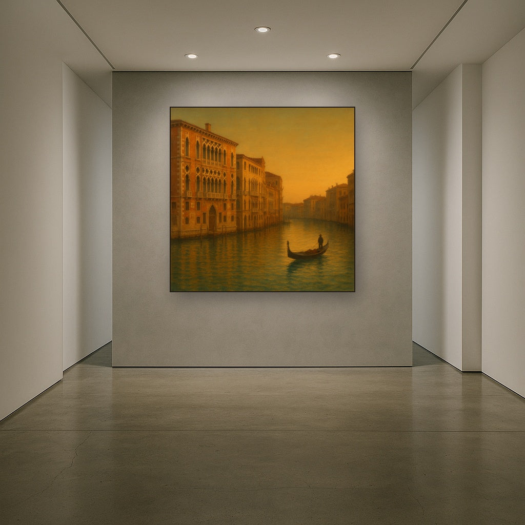 Venetian Canal Palaces at Golden Hour No. 28 Oil Painting Staged in Bright Entryway and Hallway Gallery Wall, Hand Painted Fine Art on Linen