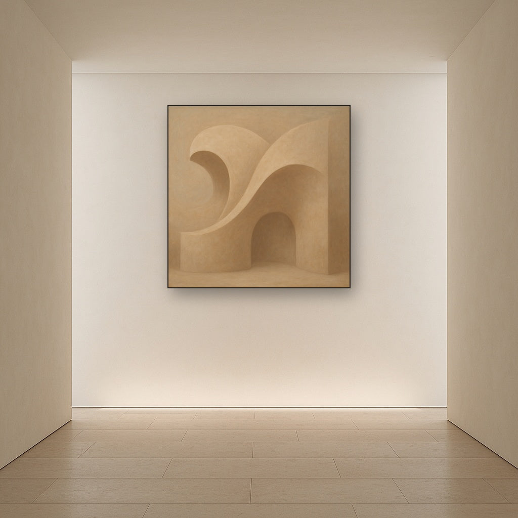 Soft Architectural Curve in Desert Bone No. 14 Oil Painting Staged in Bright Entryway and Hallway Gallery Wall, Hand Painted Fine Art on Linen