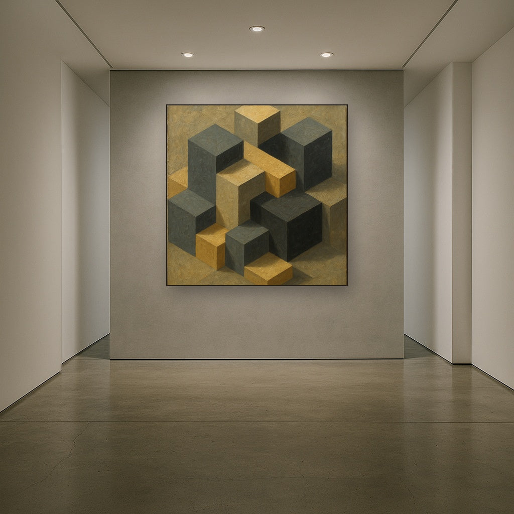 Isometric Modernist Cube Abstraction No. 4 Oil Painting - Styled in Entryway Hallway