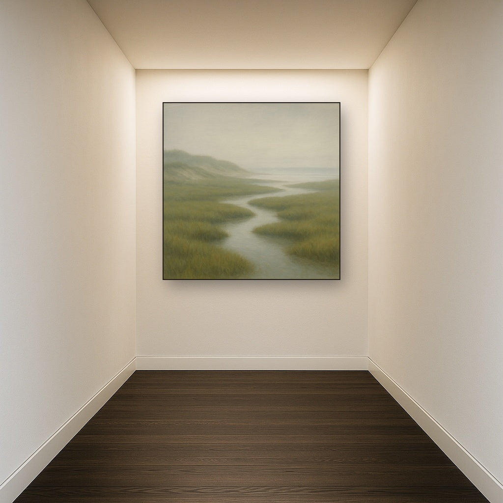 Morning Fog over Cape Cod Tidal Marsh No. 16 Oil Painting Staged in Bright Entryway and Hallway Gallery Wall, Hand Painted Fine Art on Linen