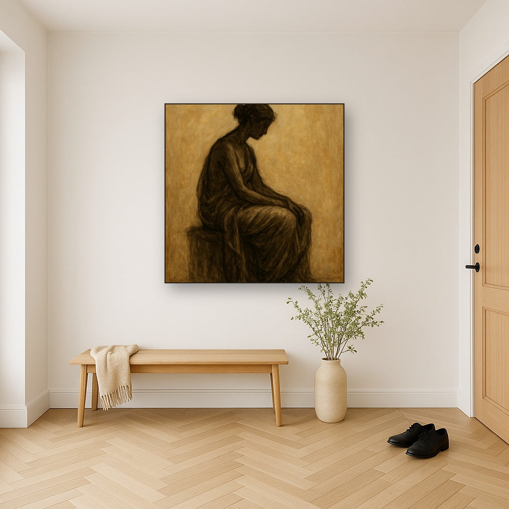 Contemplative Seated Figure Oil Painting - Styled in Entryway Hallway
