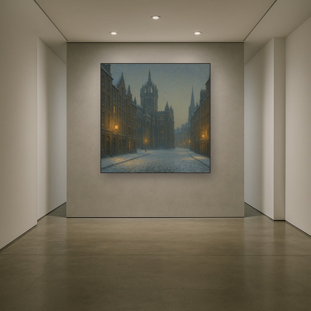 Edinburgh Old Town Royal Mile in Snow No. 13 Oil Painting Staged in Bright Entryway and Hallway Gallery Wall, Hand Painted Fine Art on Linen