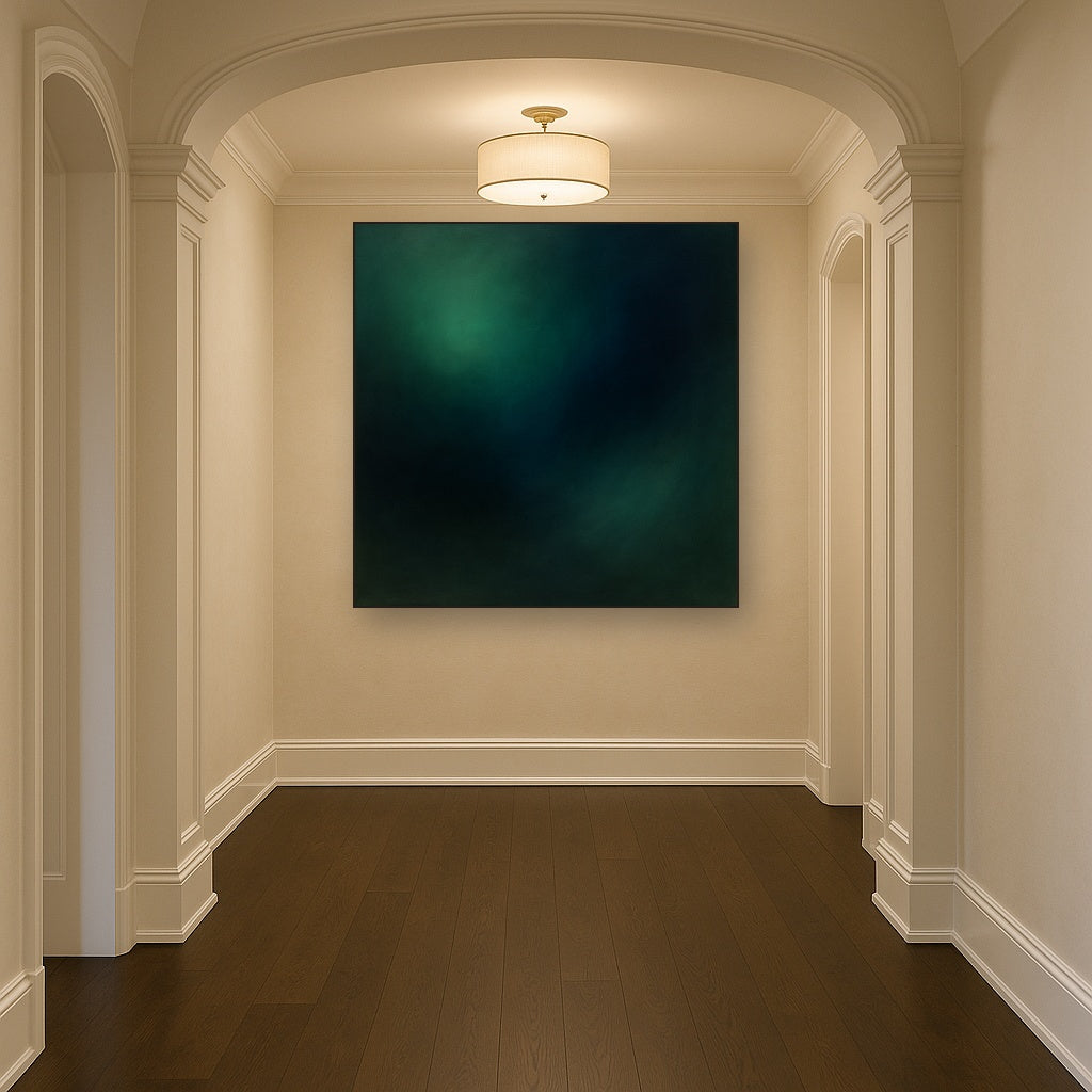 Emerald & Midnight Sapphire Sfumato Immersion No. 7 Oil Painting Staged in Bright Entryway and Hallway Gallery Wall, Hand Painted Fine Art on Linen