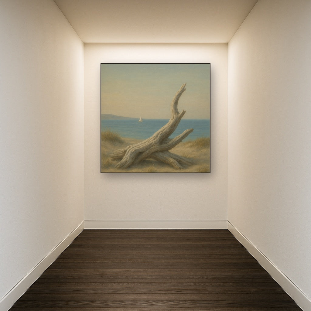 Sun-Bleached Driftwood & Distant Sailboat No. 4 Oil Painting Staged in Bright Entryway and Hallway Gallery Wall, Hand Painted Fine Art on Linen