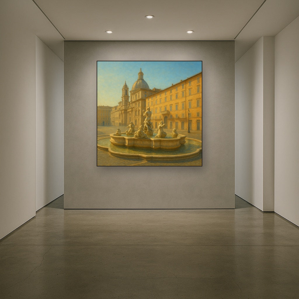 Rome Piazza Fountain in Morning Sunlight No. 29 Oil Painting Staged in Bright Entryway and Hallway Gallery Wall, Hand Painted Fine Art on Linen