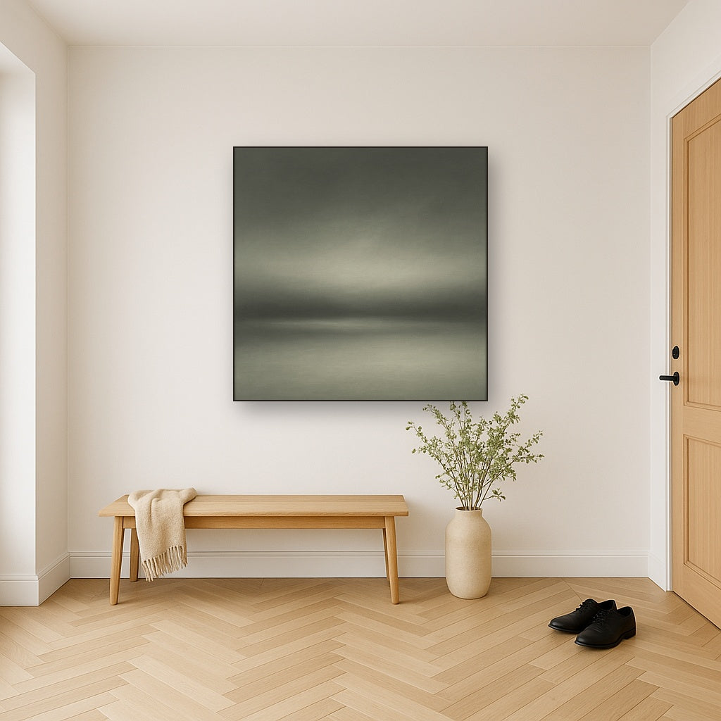 Monochrome Charcoal Drift & Soft Sfumato Horizon No. 22 Oil Painting Staged in Bright Entryway and Hallway Gallery Wall, Hand Painted Fine Art on Linen