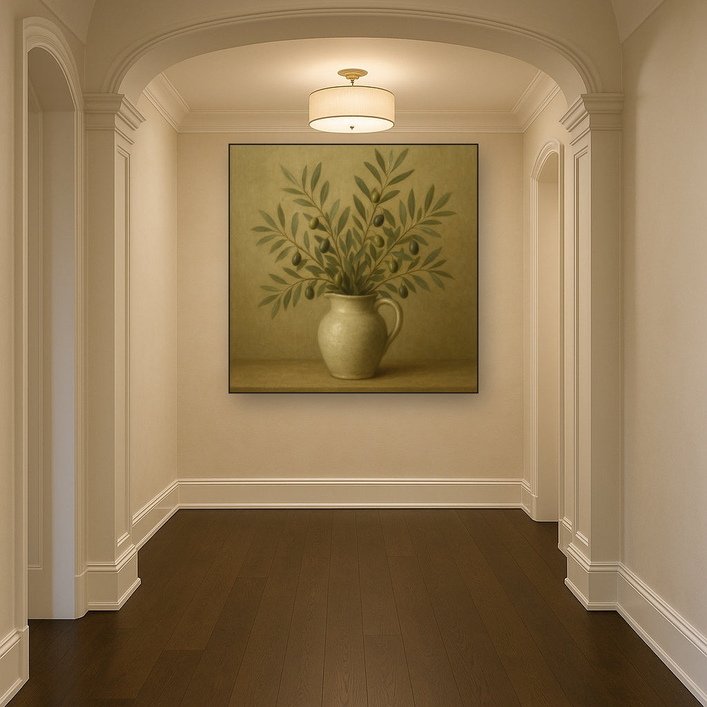 Wild Olive Sprigs in Stoneware Pitcher No. 10 Oil Painting Staged in Bright Entryway and Hallway Gallery Wall, Hand Painted Fine Art on Linen