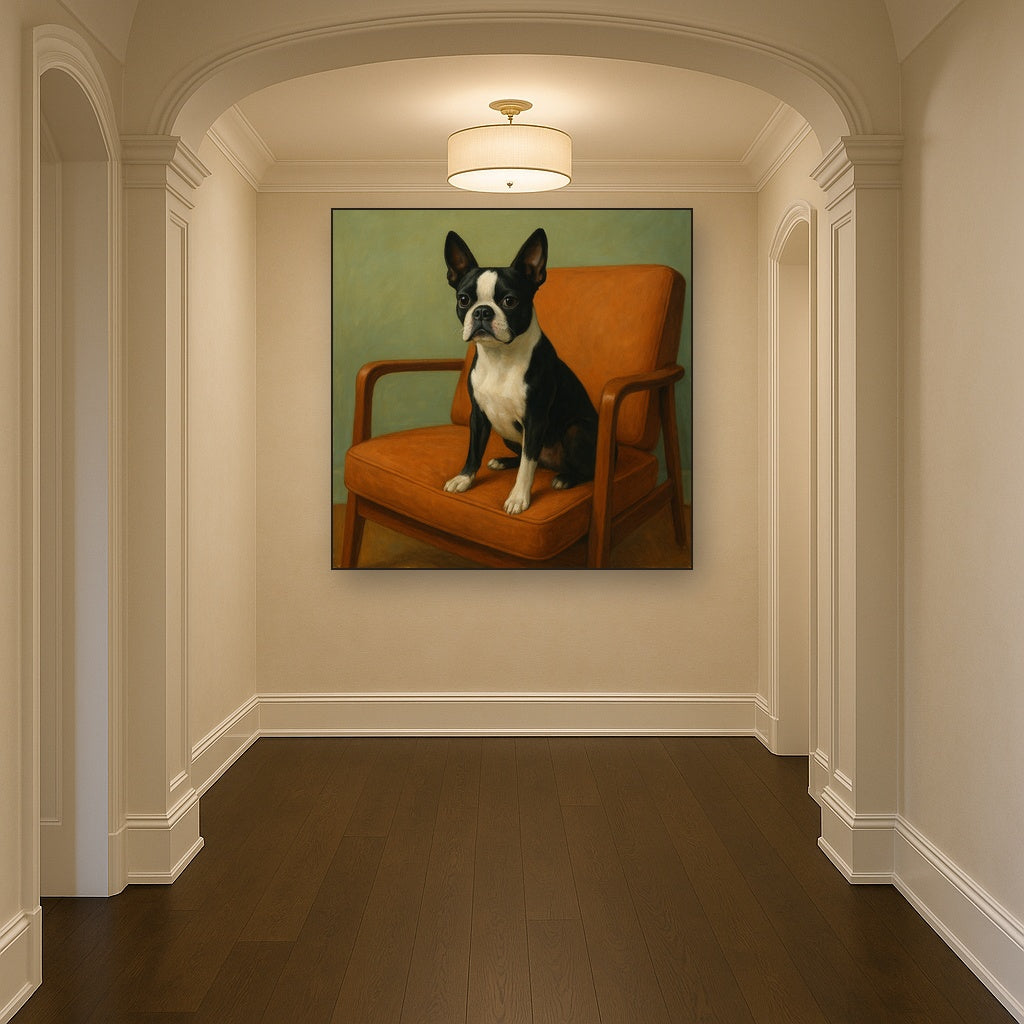 Boston Terrier in Warm Mid-Century Armchair No. 13 Fine Art Oil Painting - View 5