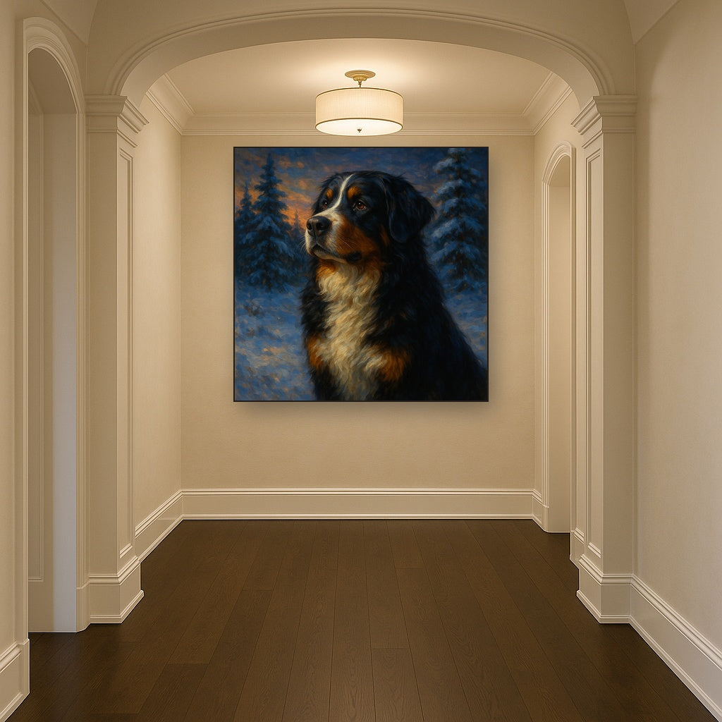 Bernese Mountain Dog in Winter Snowscape No. 4 Fine Art Oil Painting - View 5
