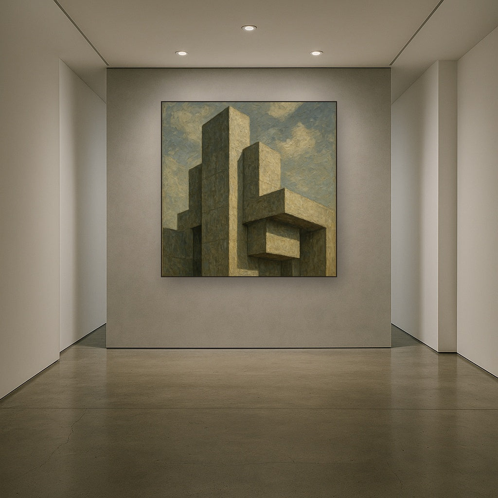 Brutalist Concrete Monolith & Sky No. 3 Oil Painting - Styled in Entryway Hallway