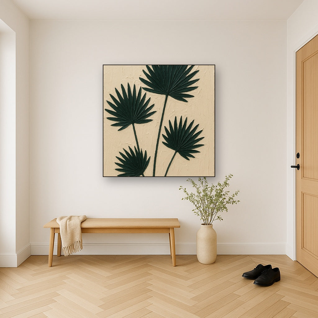 Sculptural Palm Fronds Botanical Oil Painting - Styled in Entryway Hallway