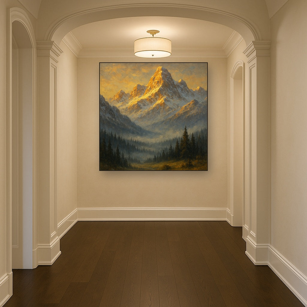 Alpine Peak Sunrise Landscape Oil Painting - Styled in Entryway Hallway