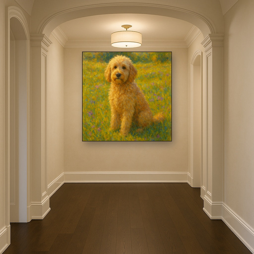 Fluffy Goldendoodle in Sun-Drenched Meadow No. 5 Fine Art Oil Painting - View 5