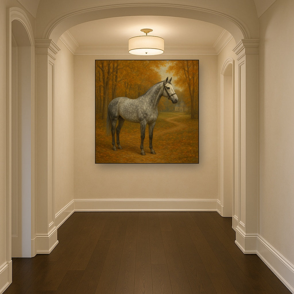 Dappled Grey Hunter in Autumn Woodland No. 15 Oil Painting Staged in Bright Entryway and Hallway Gallery Wall, Hand Painted Fine Art on Linen