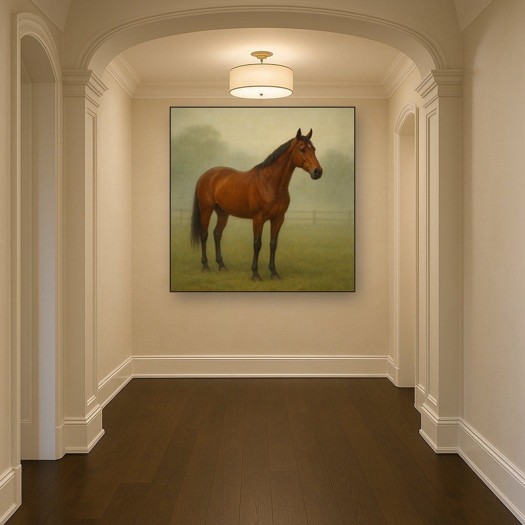 Thoroughbred in Morning Pasture Mist No. 18 Oil Painting - View 5
