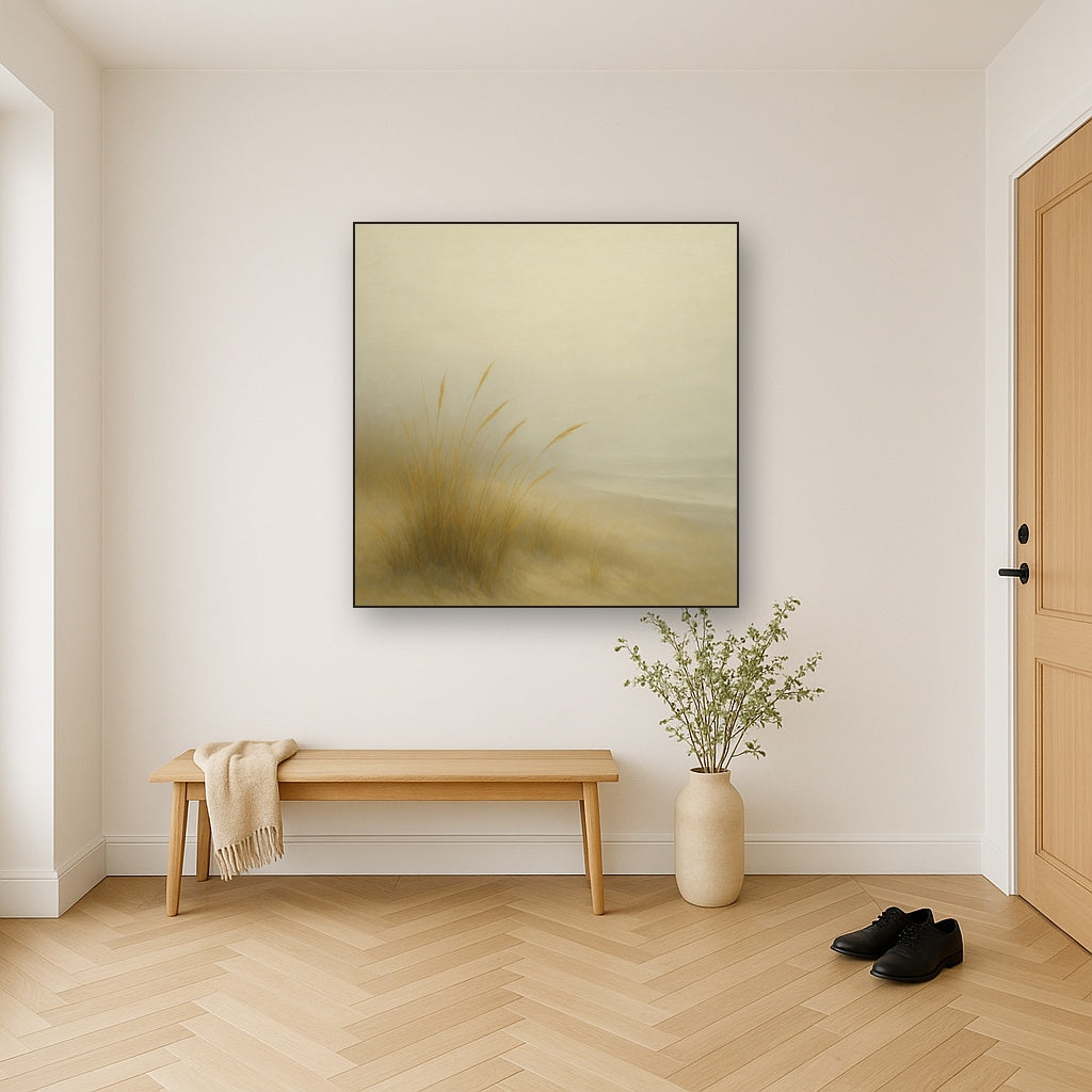 Silent Dune Grass in November Sea Fog No. 16 Oil Painting Staged in Bright Entryway and Hallway Gallery Wall, Hand Painted Fine Art on Linen