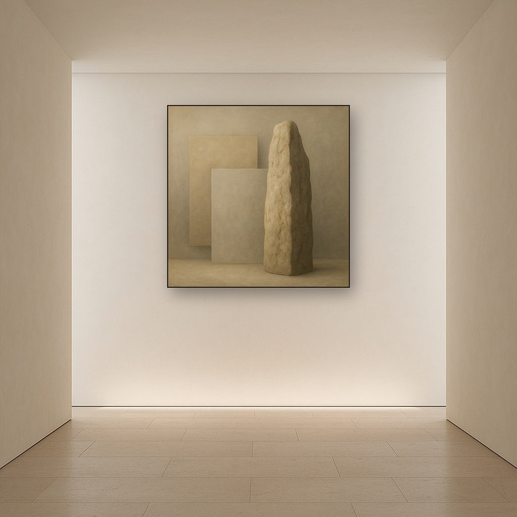 Driftwood Grey & Weathered Stone Monolith No. 18 Oil Painting Staged in Bright Entryway and Hallway Gallery Wall, Hand Painted Fine Art on Linen