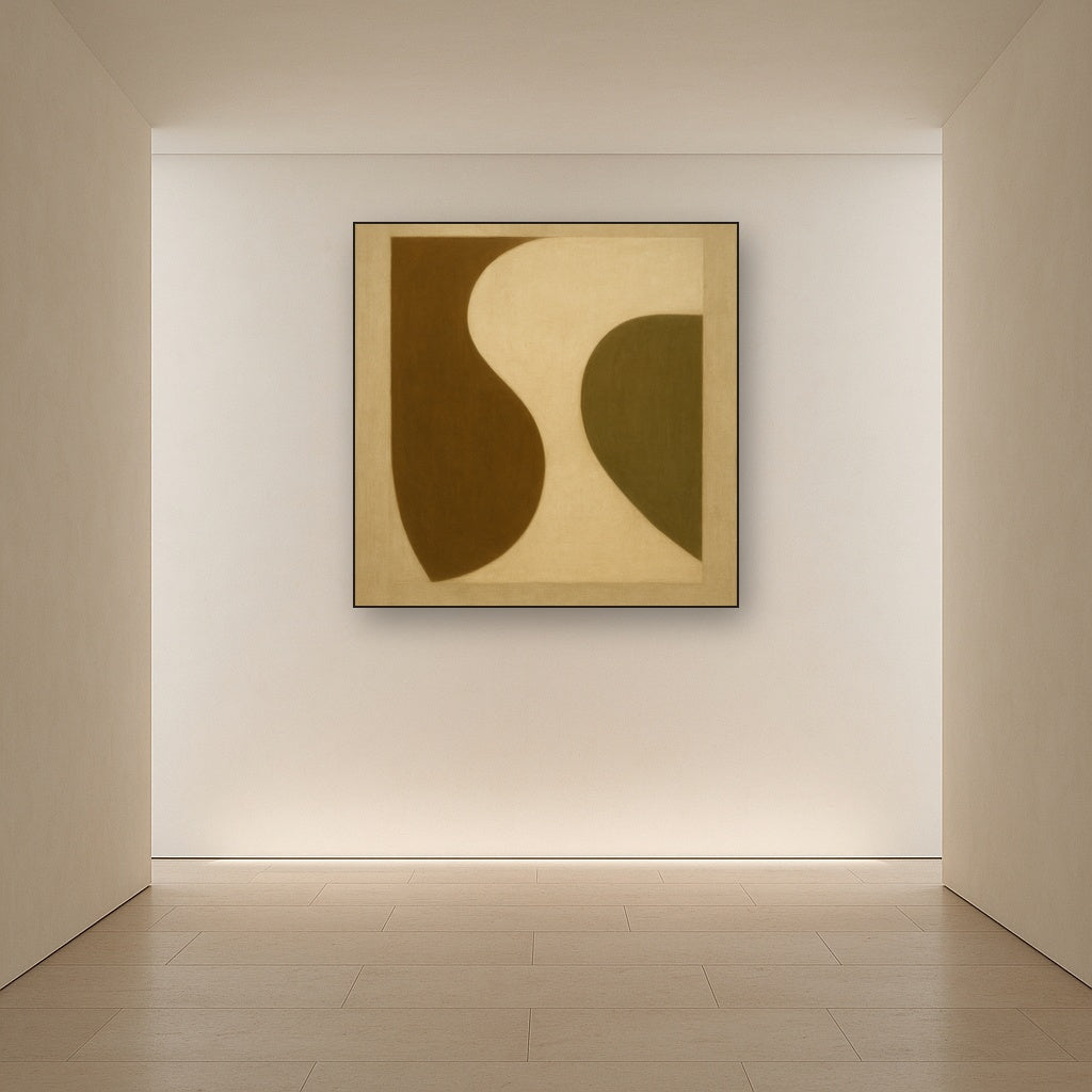 Minimalist Asymmetrical Balance in Raw Umber No. 22 Oil Painting Staged in Bright Entryway and Hallway Gallery Wall, Hand Painted Fine Art on Linen