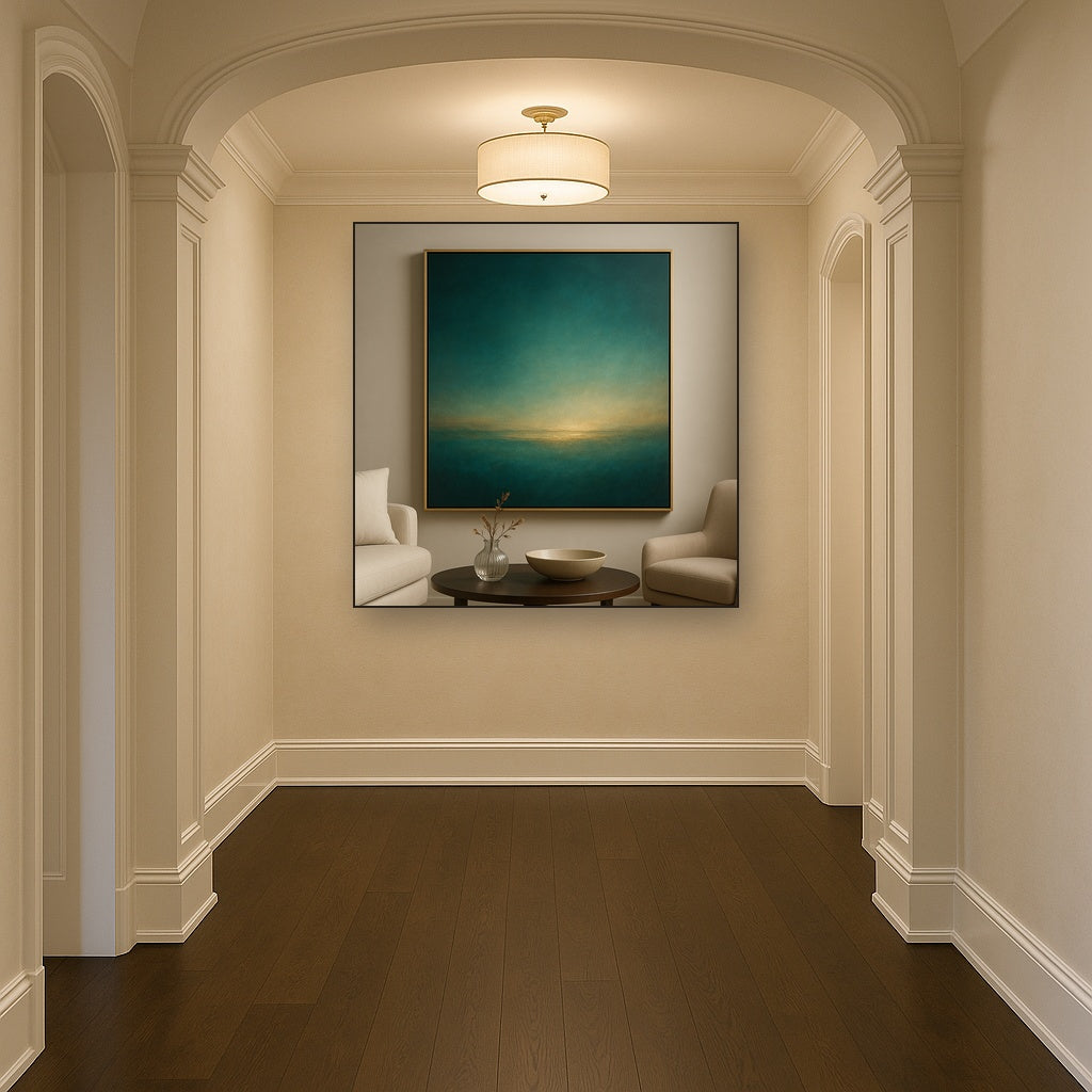Peacock Teal & Champagne Gold Horizon No. 15 Oil Painting - View 5