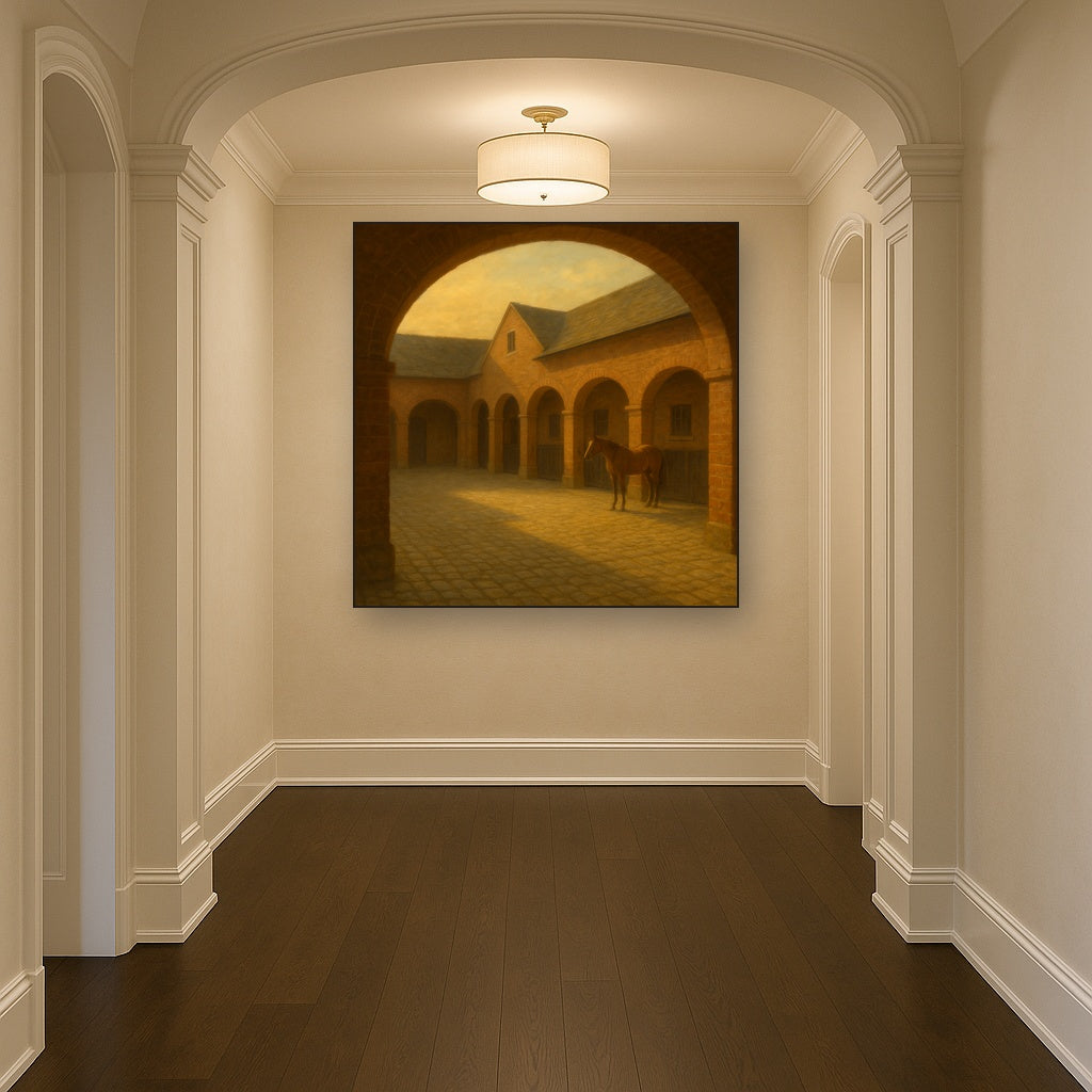 Equestrian Stable Courtyard in Late Afternoon No. 10 Oil Painting Staged in Bright Entryway and Hallway Gallery Wall, Hand Painted Fine Art on Linen