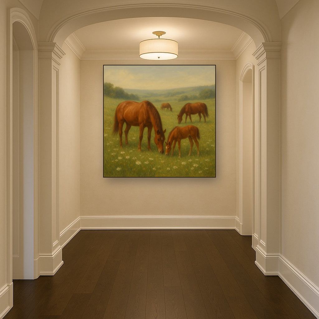 Mares & Foals Grazing in Rolling Meadow No. 11 Oil Painting - View 5