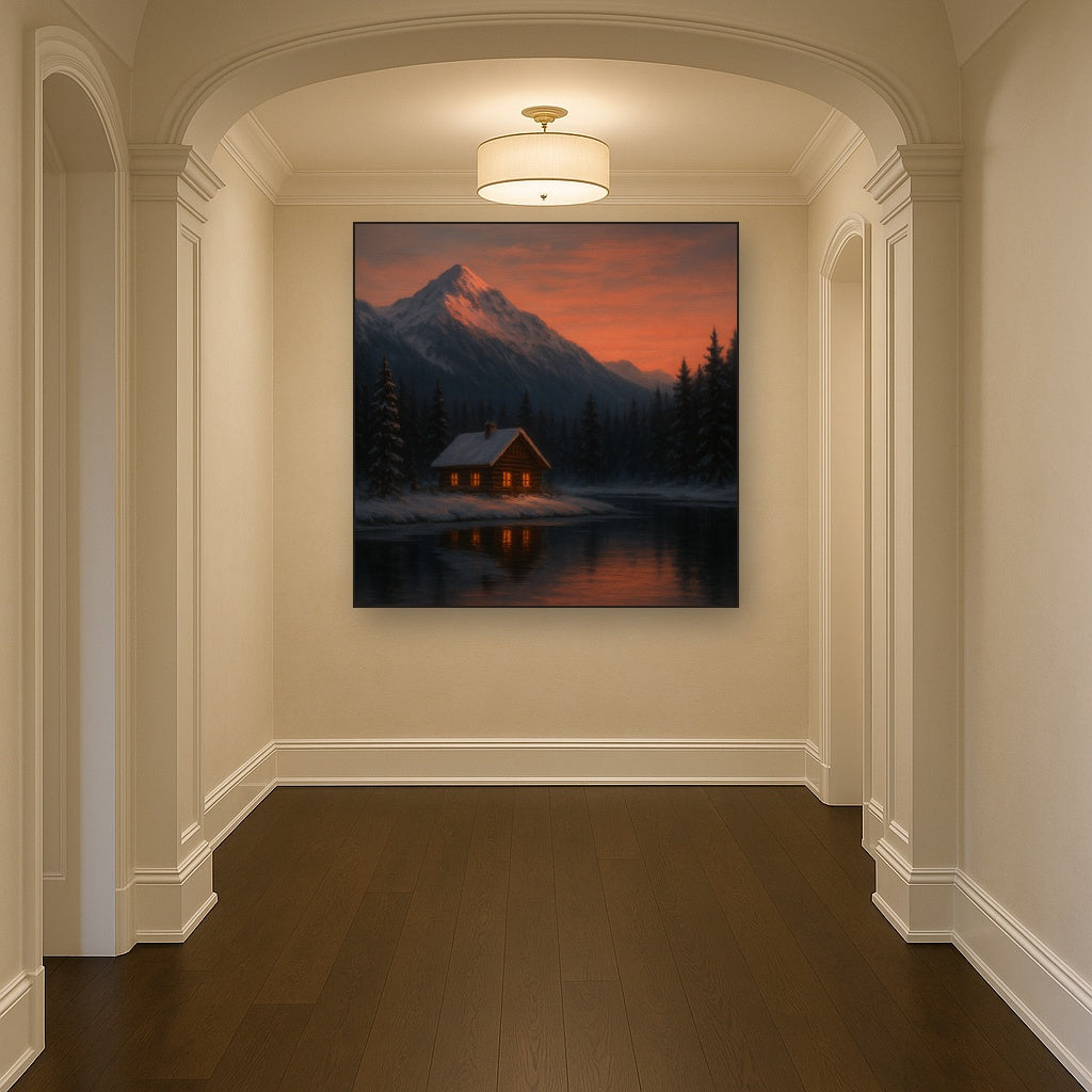 Winter Solstice Mountain Cabin Reflection No. 8 Oil Painting - View 5