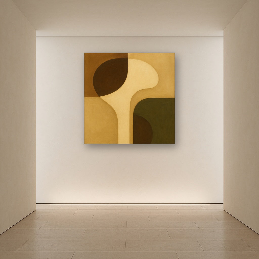 Minimalist Asymmetrical Balance in Raw Umber No. 25 Oil Painting Staged in Bright Entryway and Hallway Gallery Wall, Hand Painted Fine Art on Linen