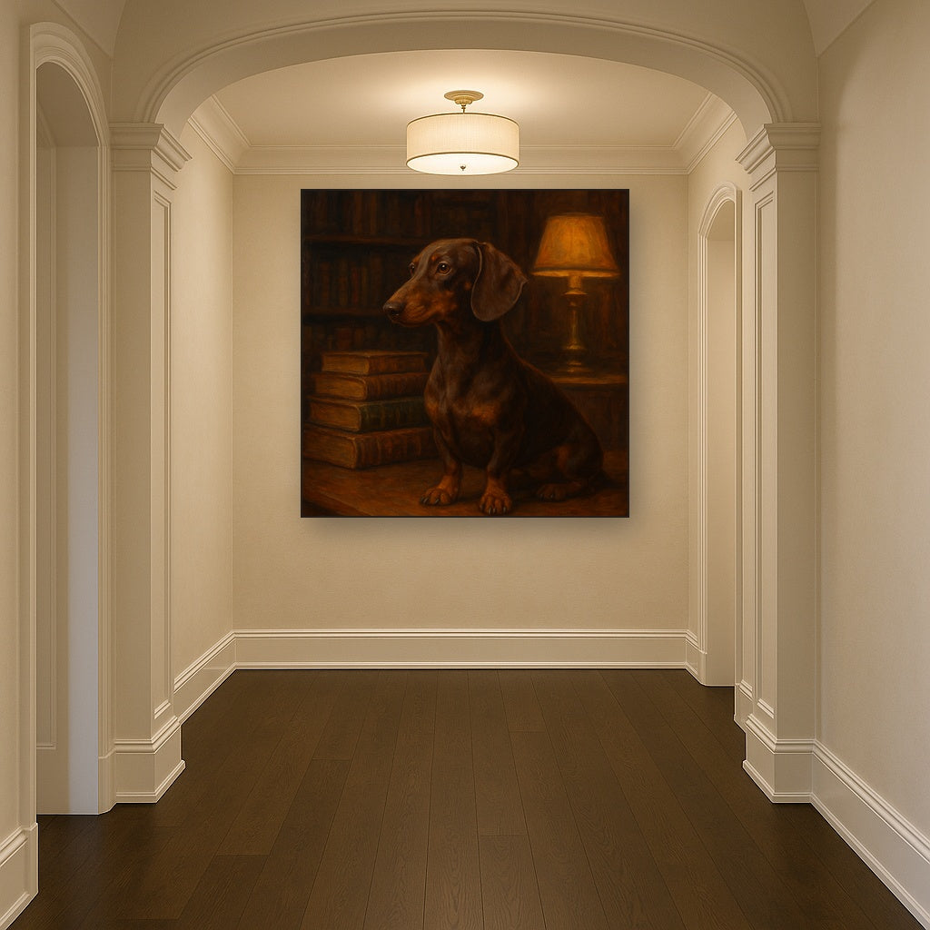 Smooth Dachshund in Moody Library Study No. 2 Fine Art Oil Painting - View 5