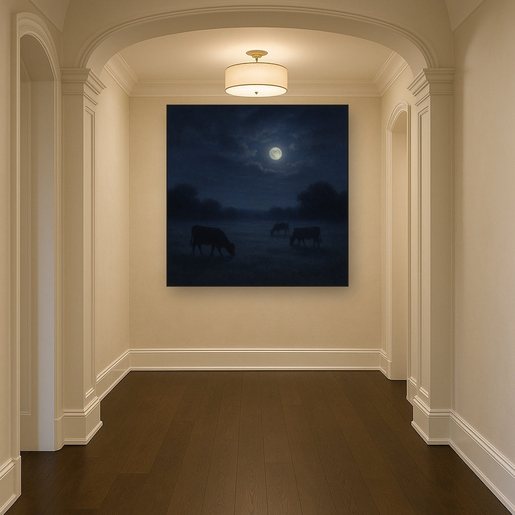 Moonlit Pastoral Meadow & Cattle Silhouettes No. 3 Oil Painting - View 5