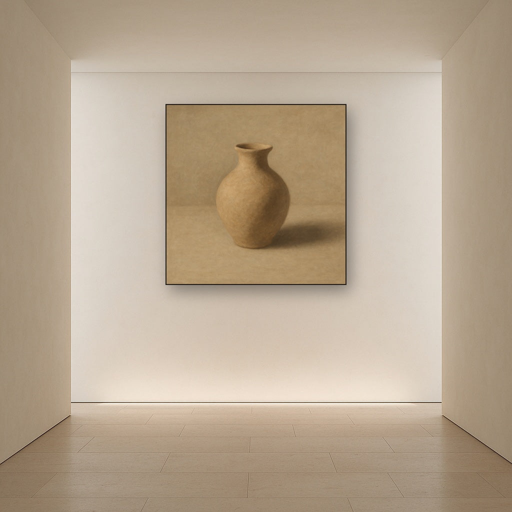 Organic Clay Vessel & Solitary Shadow No. 28 Oil Painting Staged in Bright Entryway and Hallway Gallery Wall, Hand Painted Fine Art on Linen