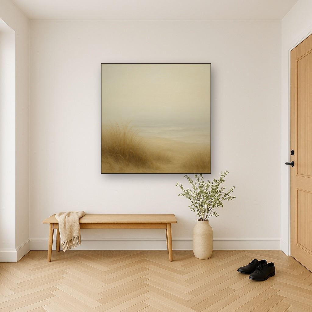 Silent Dune Grass in November Sea Fog No. 13 Oil Painting Staged in Bright Entryway and Hallway Gallery Wall, Hand Painted Fine Art on Linen